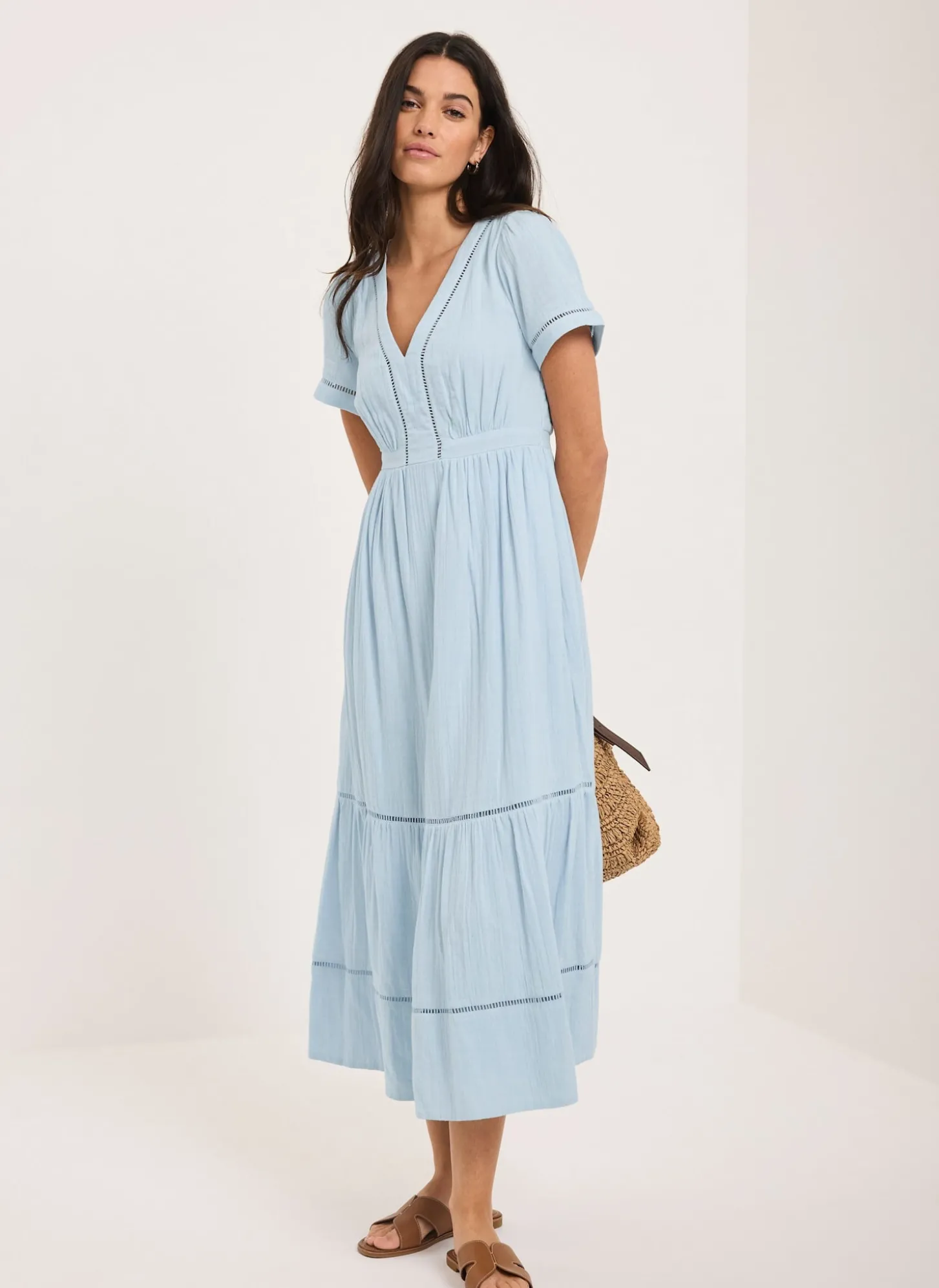 Blue Cotton Cheesecloth Midi Dress