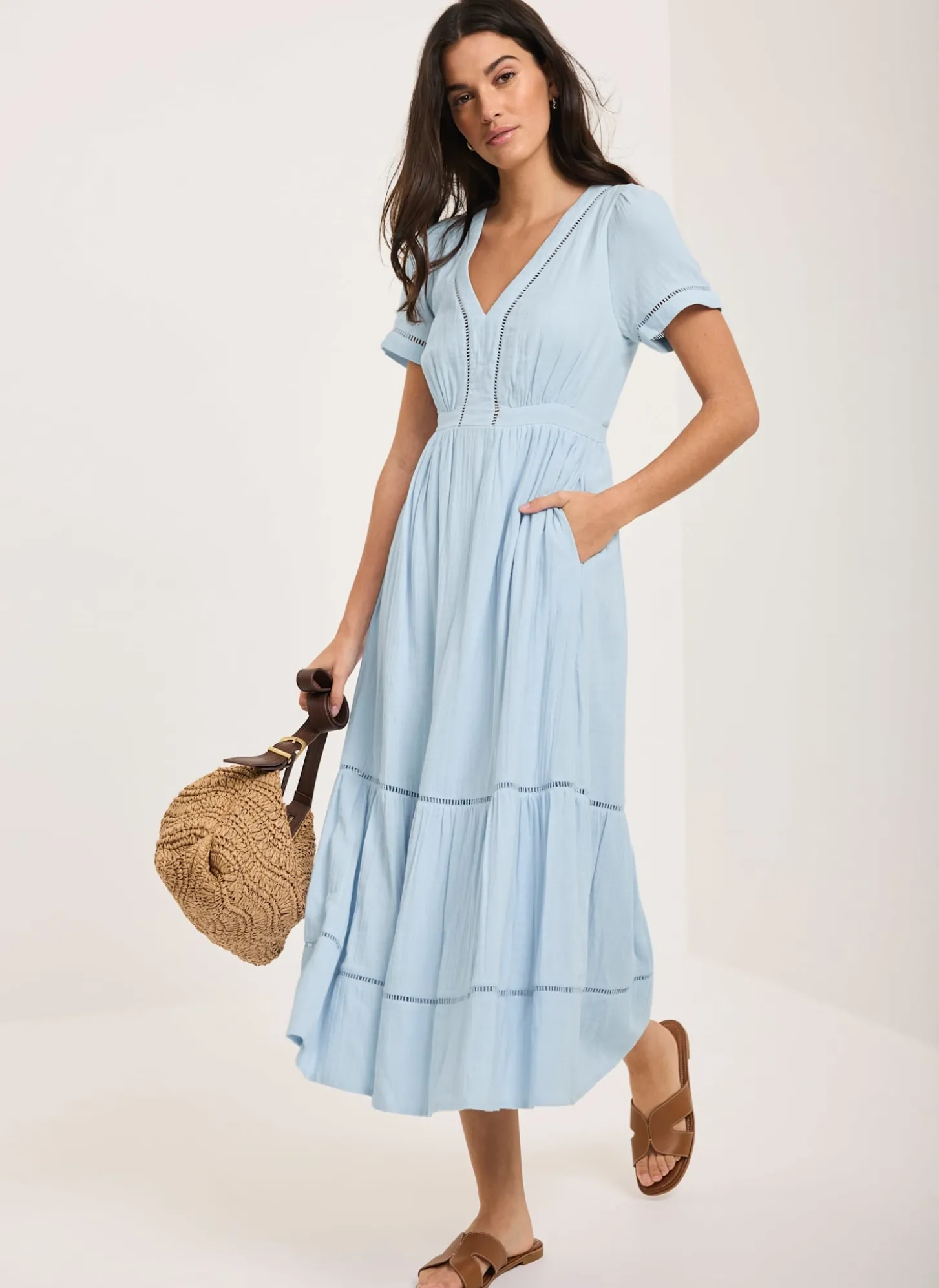 Blue Cotton Cheesecloth Midi Dress