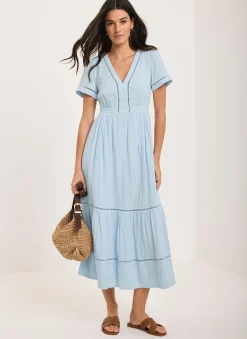 Blue Cotton Cheesecloth Midi Dress