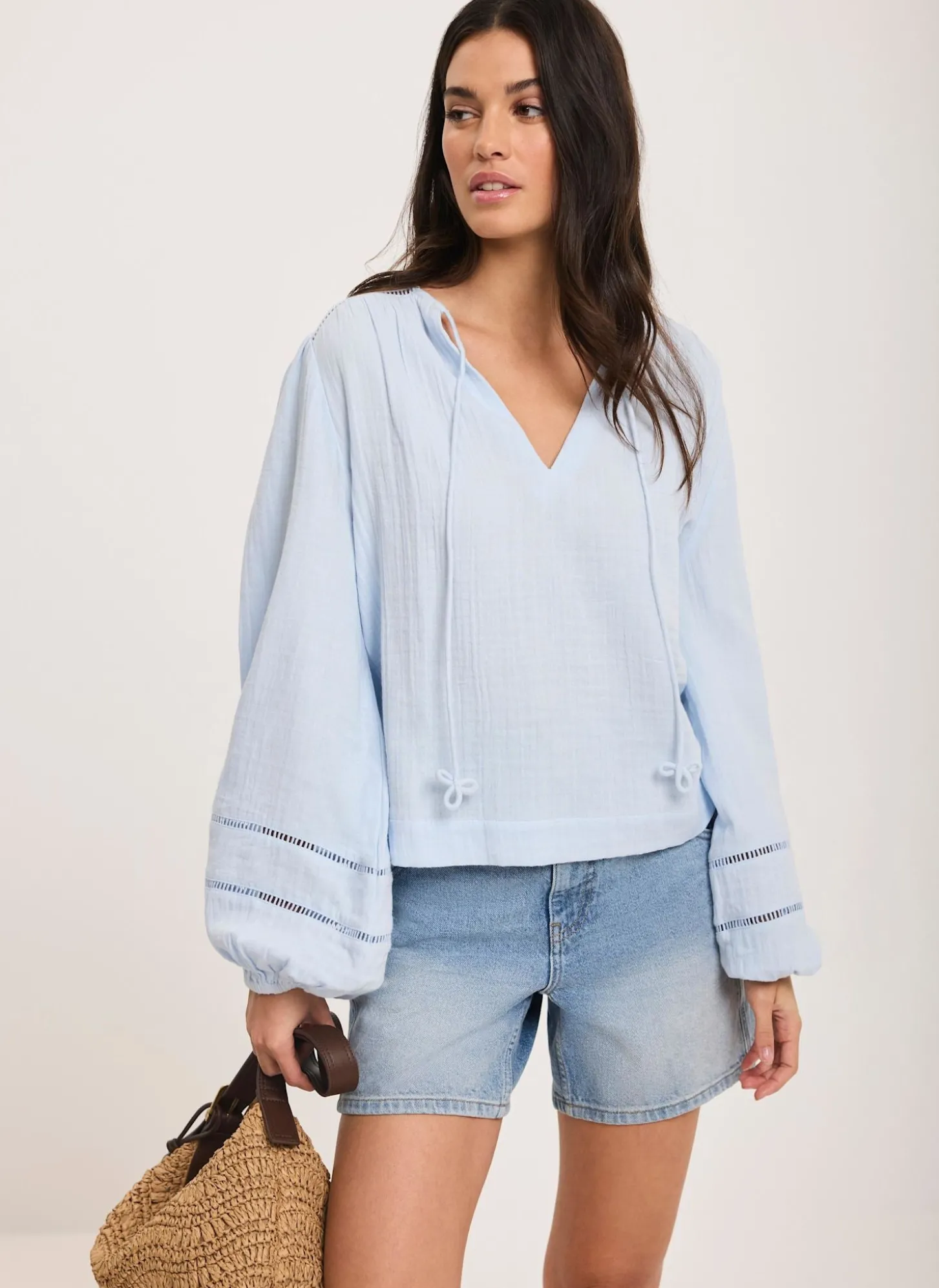 Blue Cotton Cheesecloth Open Stitch Blouse