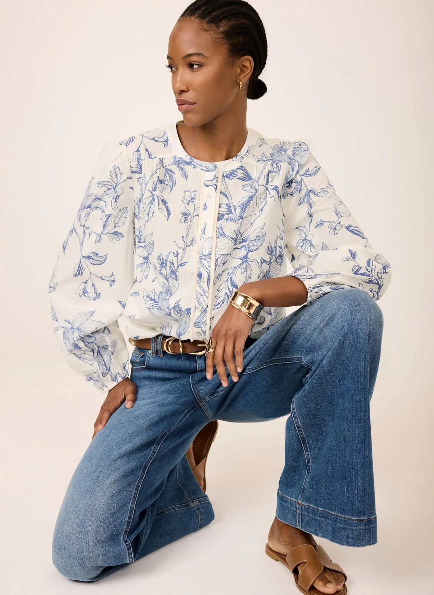 Blue Cotton Floral Print Blouse