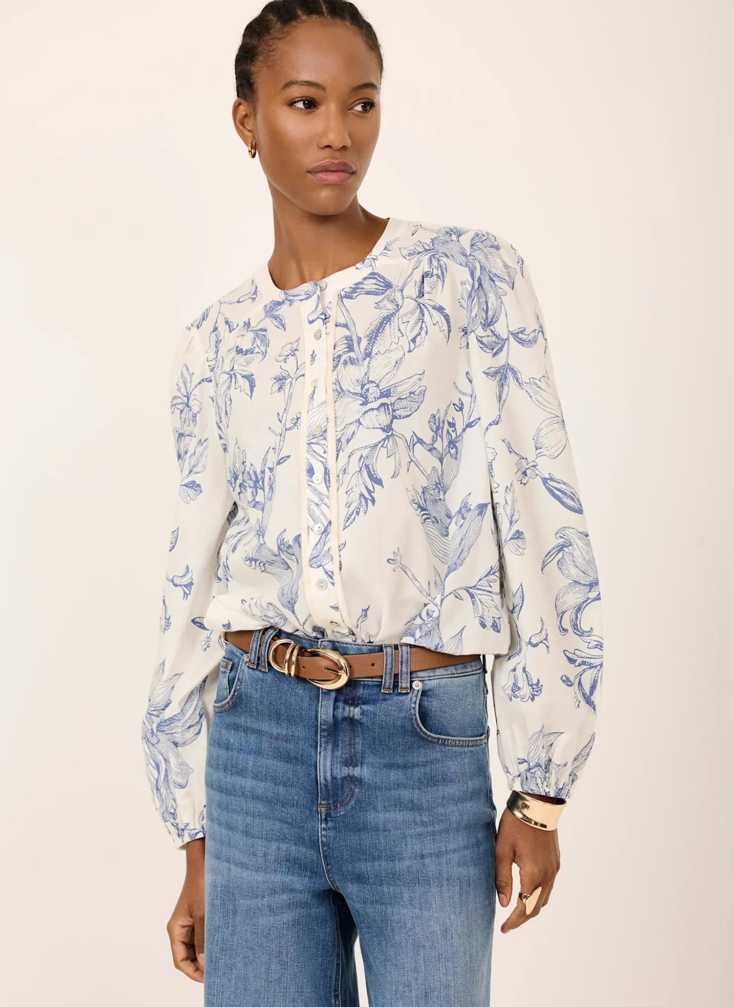 Blue Cotton Floral Print Blouse