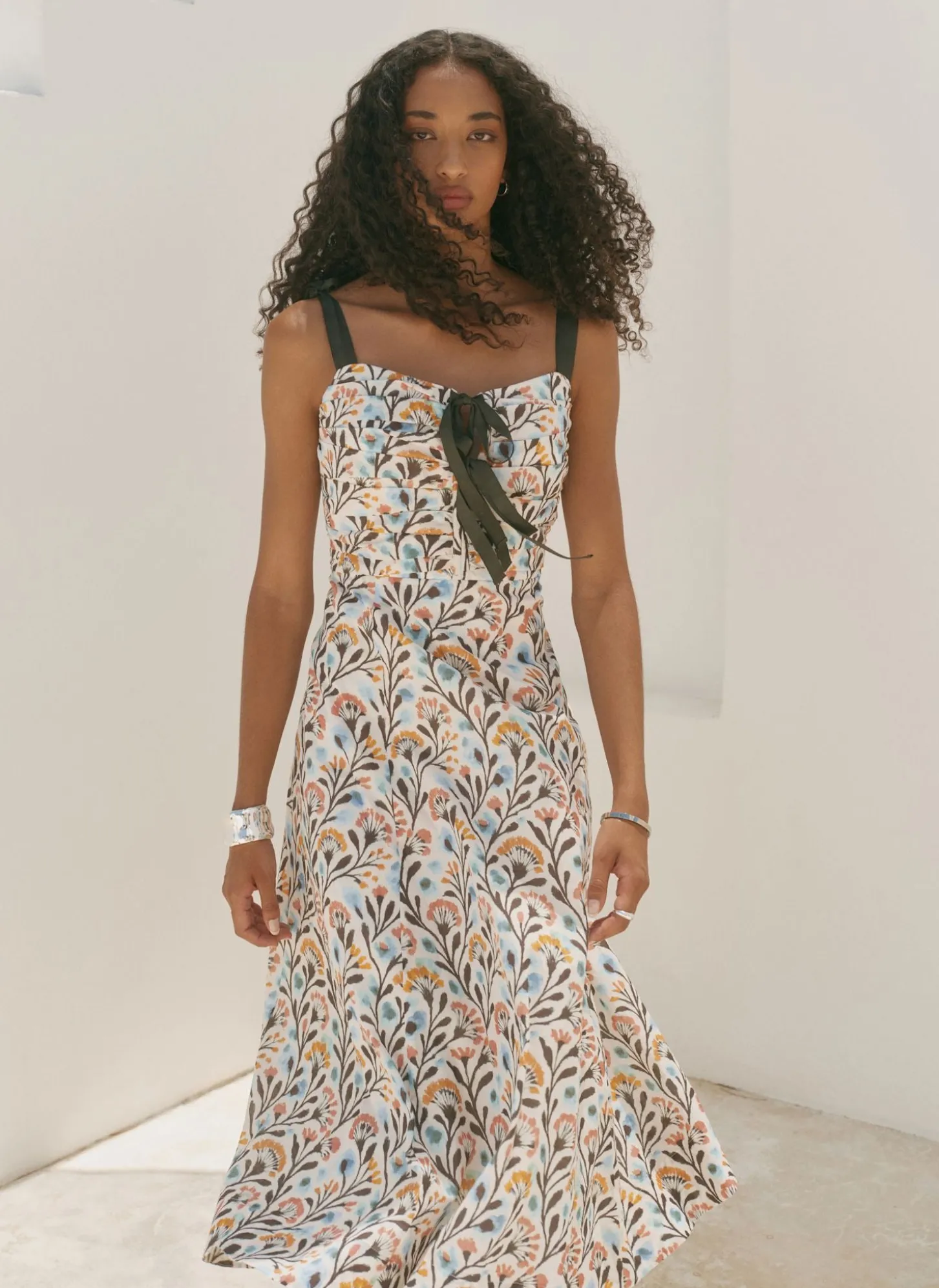 Blue Cotton Floral Print Midi Dress