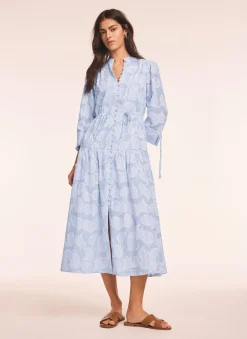 Blue Cotton Floral Shirt Midi Dress