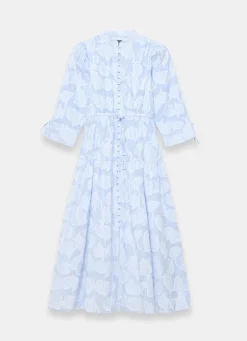 Blue Cotton Floral Shirt Midi Dress