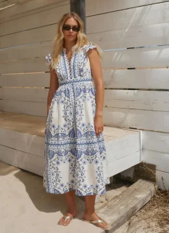 Blue Cotton Print Scallop Trim Midi Dress