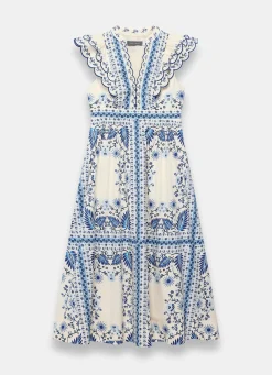 Blue Cotton Print Scallop Trim Midi Dress