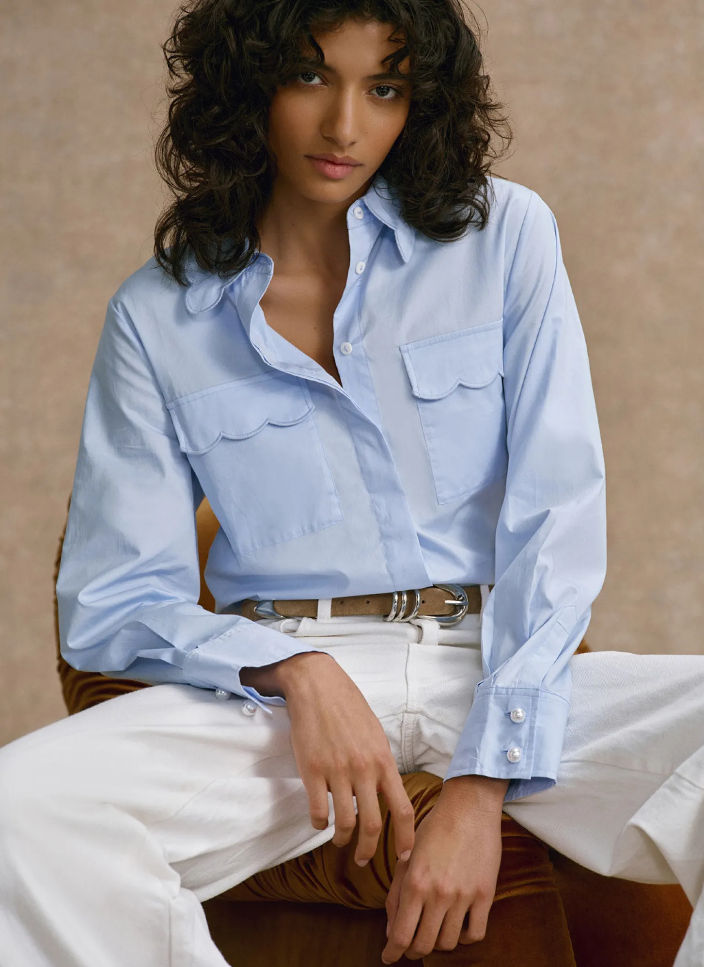 Blue Cotton Scallop Detail Shirt
