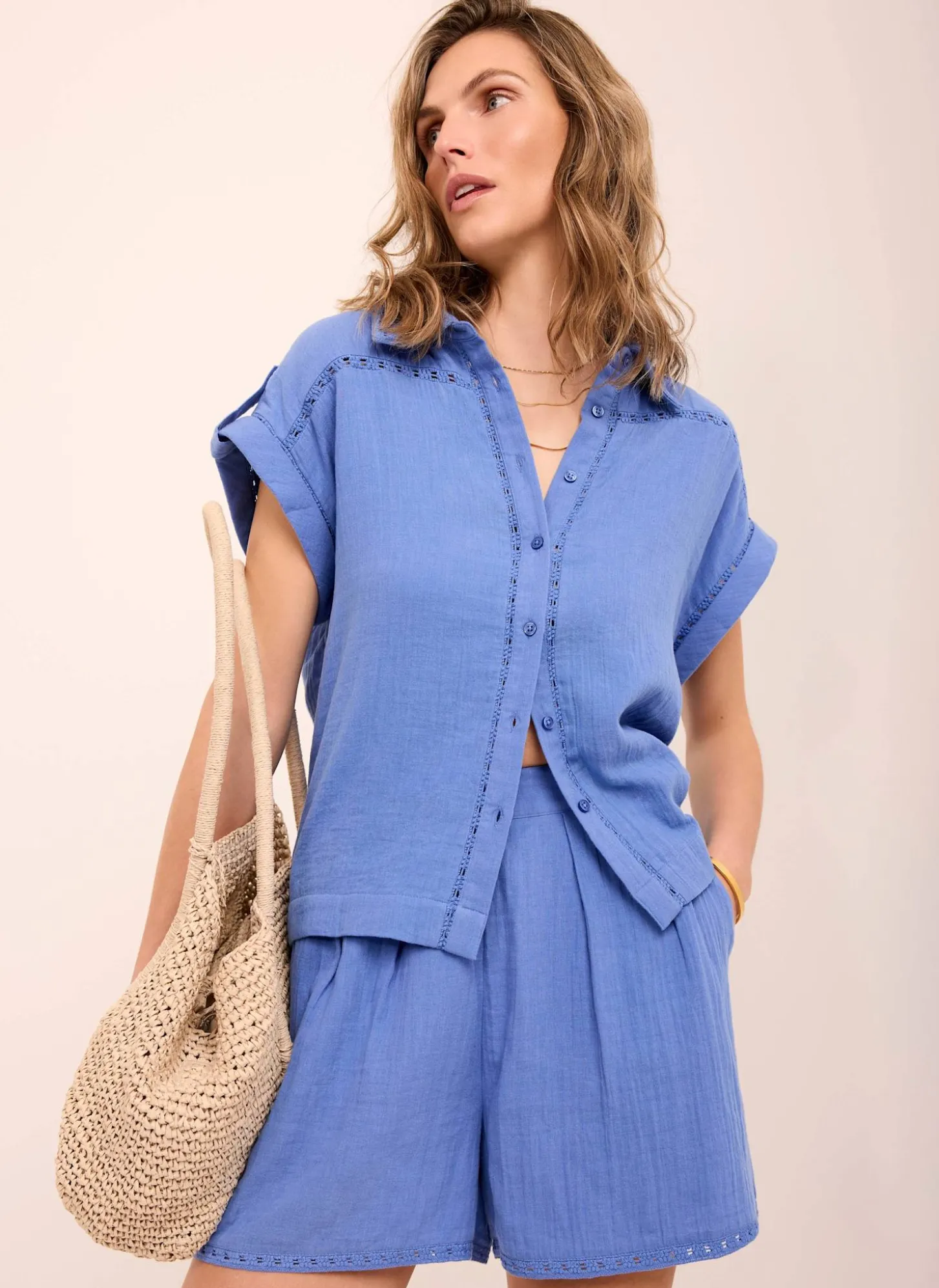 Blue Cotton Shirt And Shorts Set