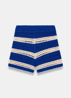 Blue Cotton Striped Crochet Knit Shorts