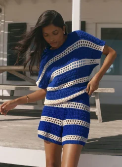 Blue Cotton Striped Crochet Knit Top