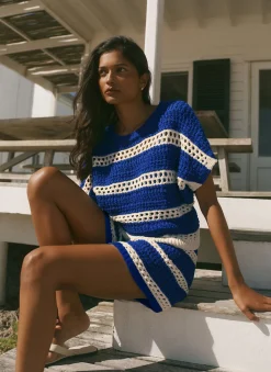 Blue Cotton Striped Crochet Knit Top