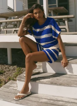 Blue Cotton Striped Crochet Knit Top