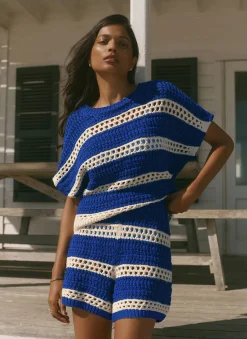 Blue Cotton Striped Crochet Knit Top