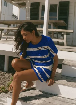 Blue Cotton Striped Crochet Knit Top