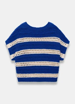 Blue Cotton Striped Crochet Knit Top