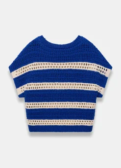 Blue Cotton Striped Crochet Knit Top