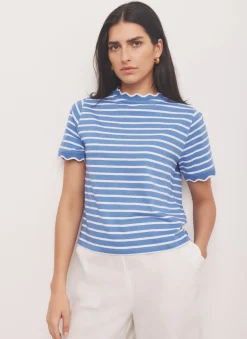 Blue Cotton Striped Scallop T-Shirt