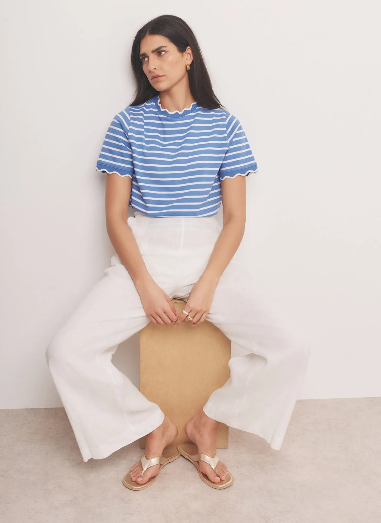 Blue Cotton Striped Scallop T-Shirt