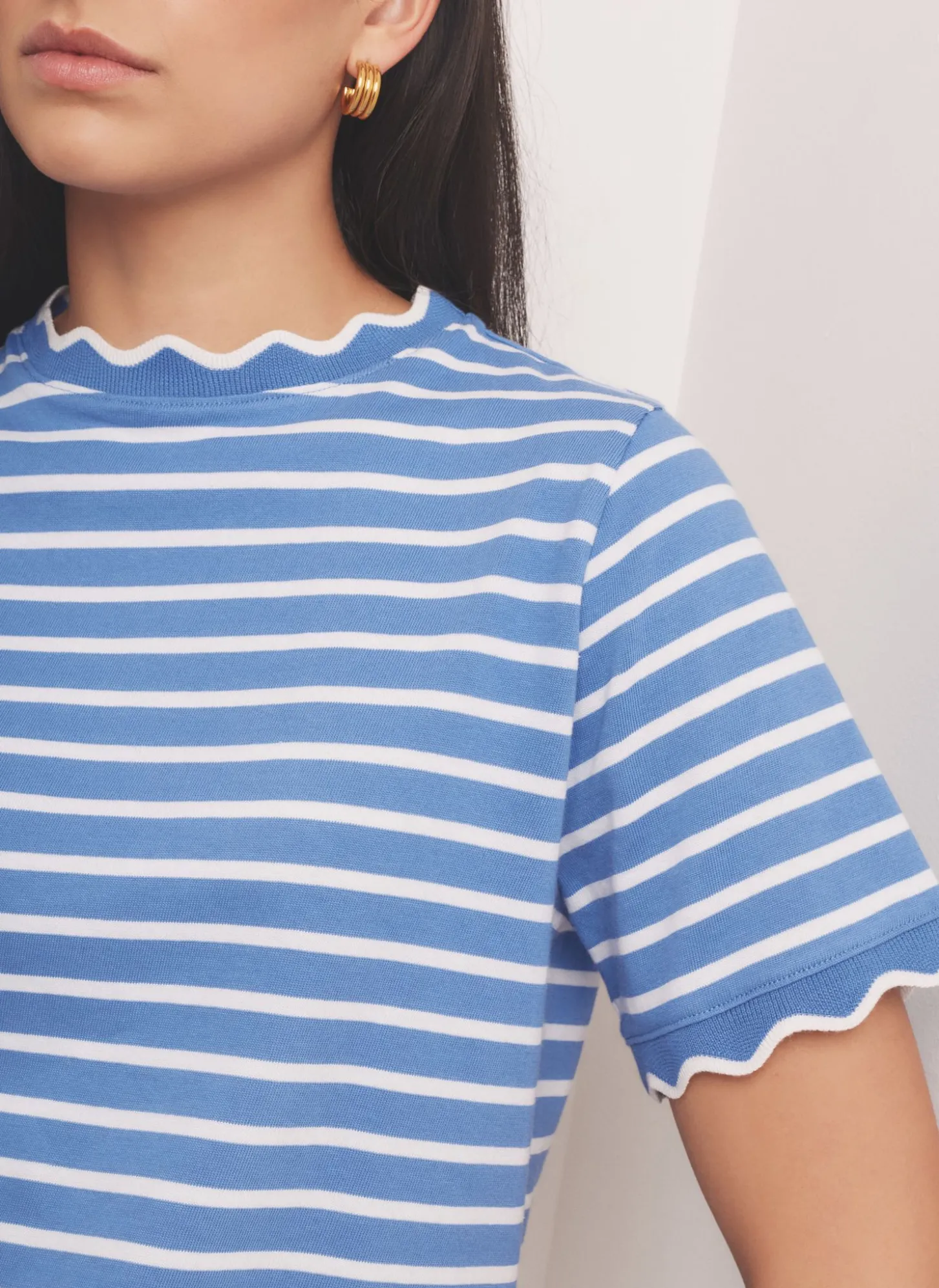 Blue Cotton Striped Scallop T-Shirt