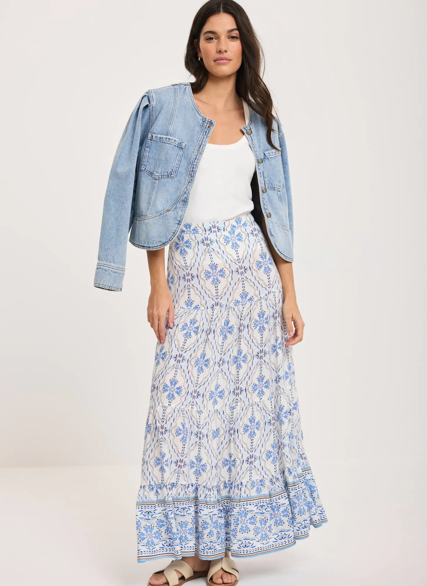 Blue Floral Print Maxi Skirt