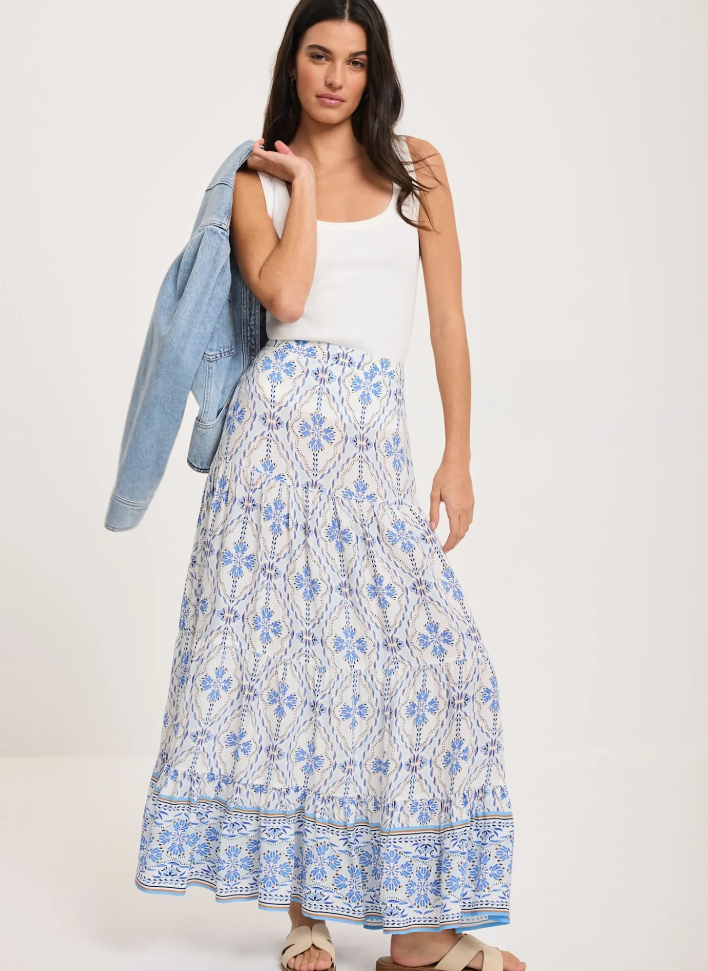 Blue Floral Print Maxi Skirt