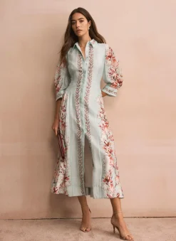 Blue Floral Print Midi Shirt Dress