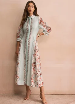 Blue Floral Print Midi Shirt Dress