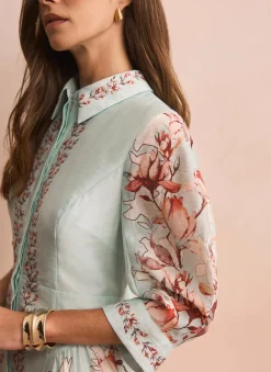 Blue Floral Print Midi Shirt Dress