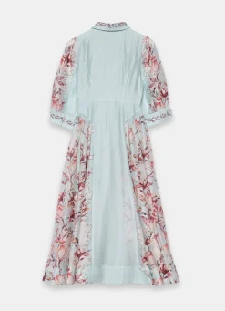 Blue Floral Print Midi Shirt Dress