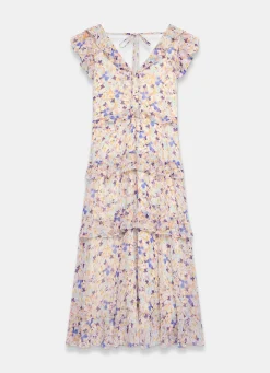 Blue Floral Print Ruffle Midi Dress