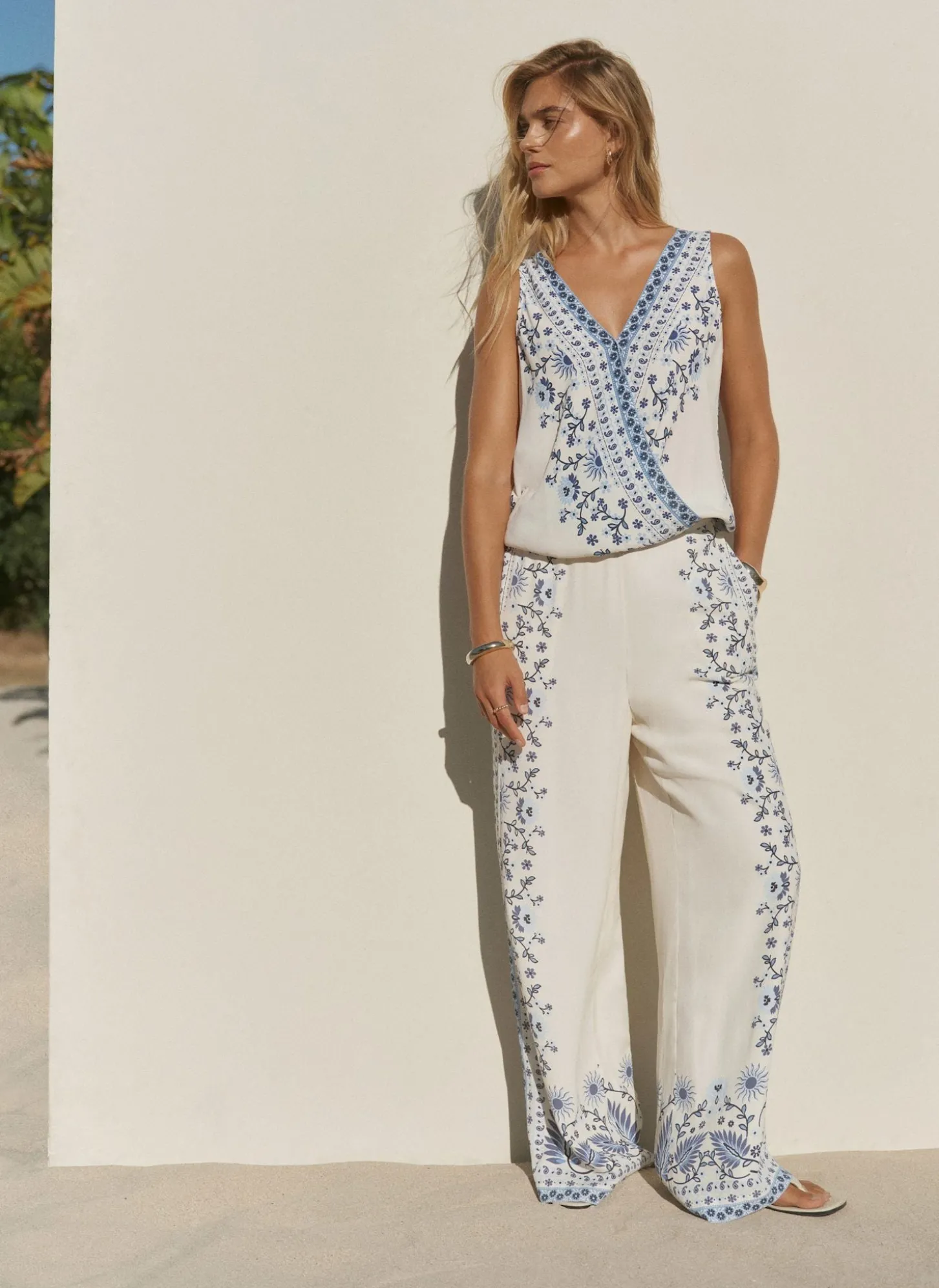 Blue Floral Print Wide Leg Trousers