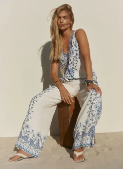 Blue Floral Print Wide Leg Trousers