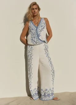 Blue Floral Print Wide Leg Trousers