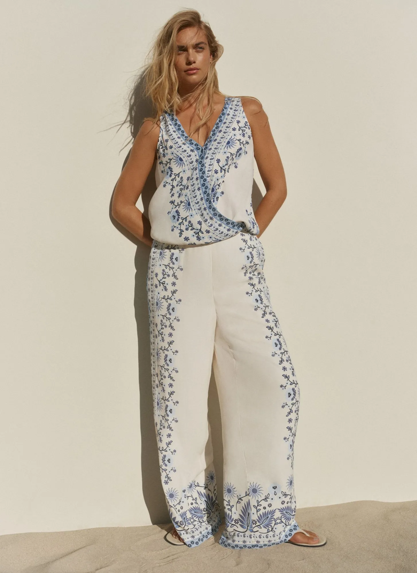 Blue Floral Print Wide Leg Trousers