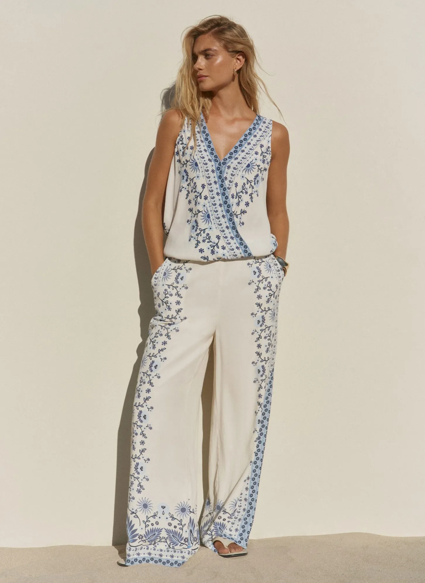Blue Floral Print Wide Leg Trousers