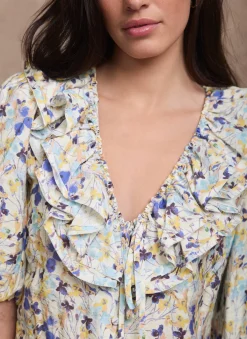 Blue Floral Ruffle Trim Blouse