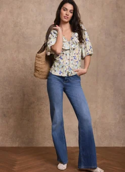 Blue Floral Ruffle Trim Blouse
