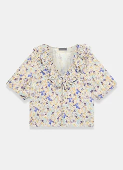 Blue Floral Ruffle Trim Blouse