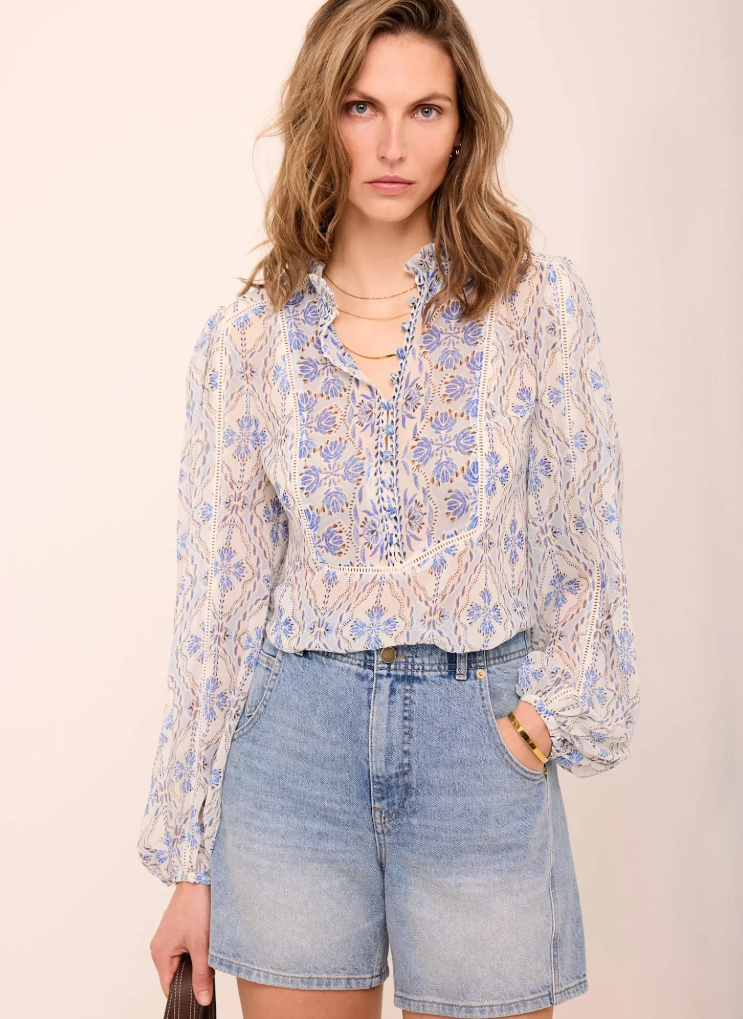 Blue Geo Print Ruffle Blouse