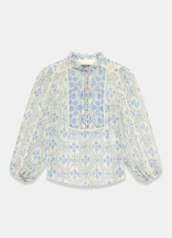 Blue Geo Print Ruffle Blouse