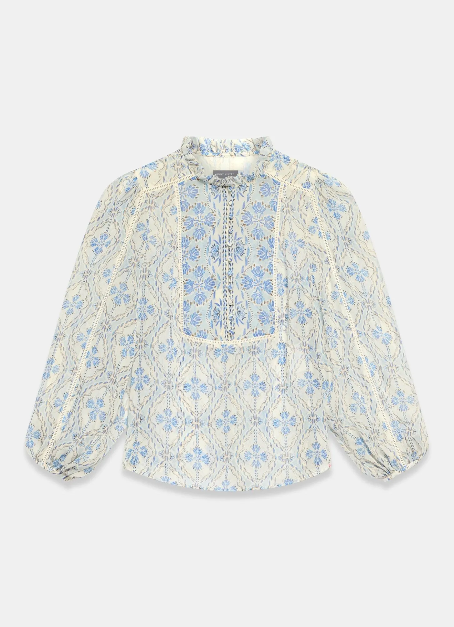 Blue Geo Print Ruffle Blouse