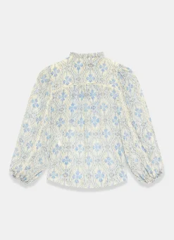 Blue Geo Print Ruffle Blouse