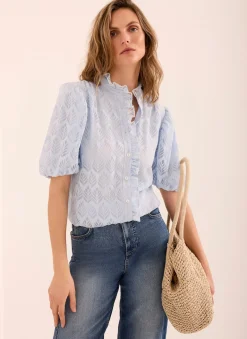 Blue Jacquard Ruffle Blouse