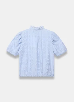 Blue Jacquard Ruffle Blouse