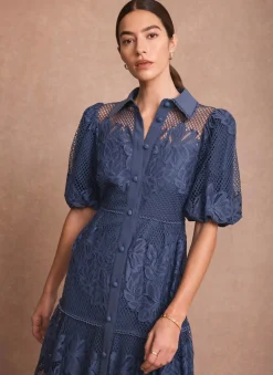 Blue Lace Midi Shirt Dress