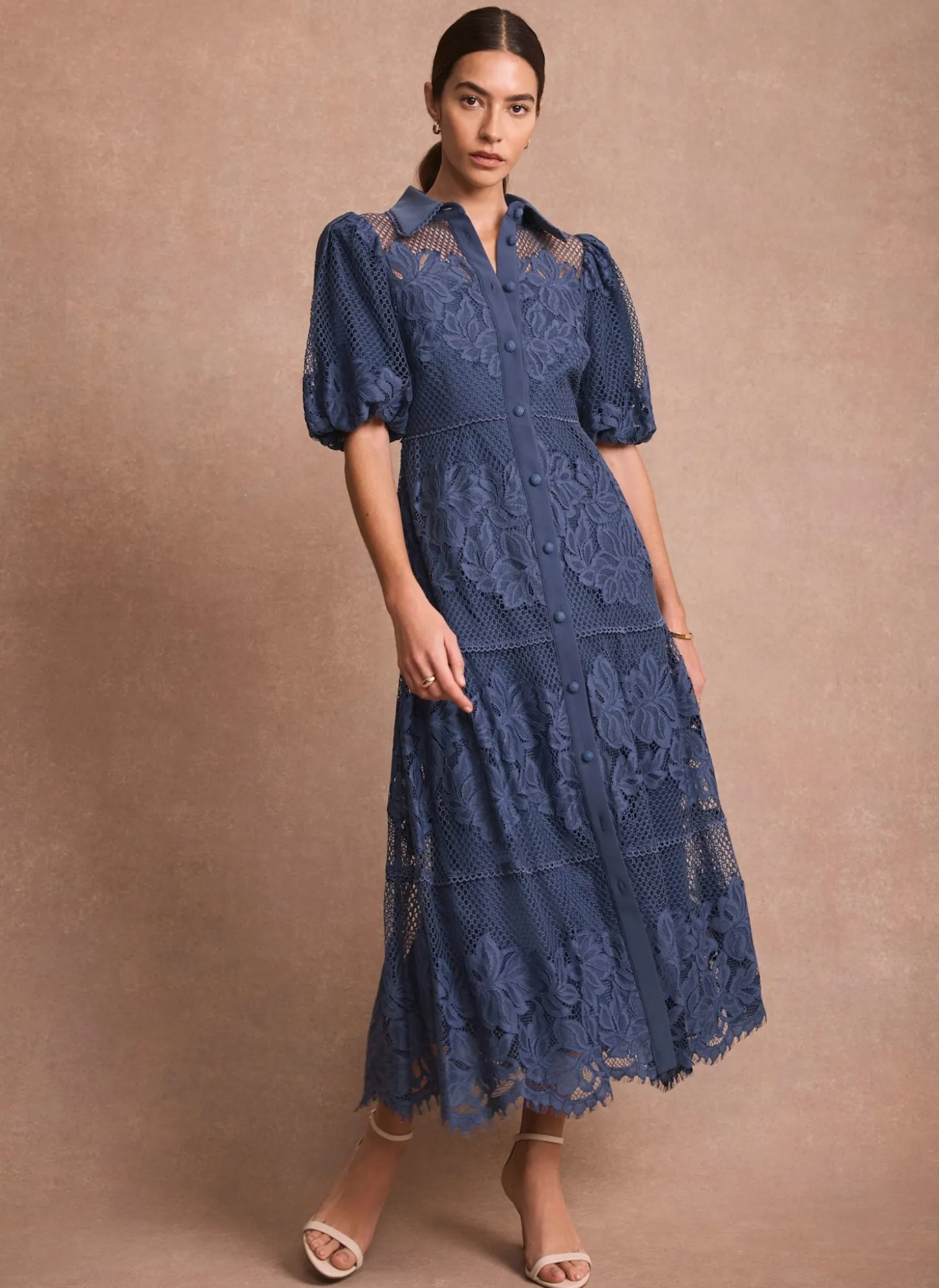 Blue Lace Midi Shirt Dress