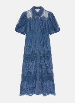 Blue Lace Midi Shirt Dress