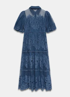 Blue Lace Midi Shirt Dress