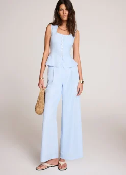 Blue Linen Blend Wide Leg Trousers
